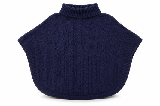 Front view of John Lewis girls’ navy cable knit cape 13-14 years acrylic blend