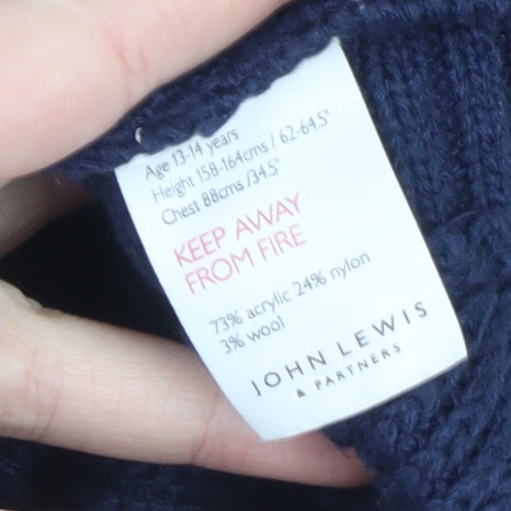 John Lewis Girls Navy Cable Knit Cape 13-14 Years Acrylic Blend