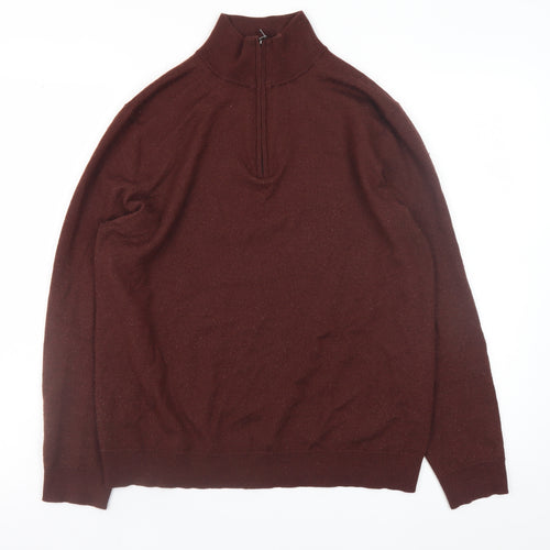 Moss Bros Men’s Brown L 1/2 Zip High Neck Merino Wool Jumper