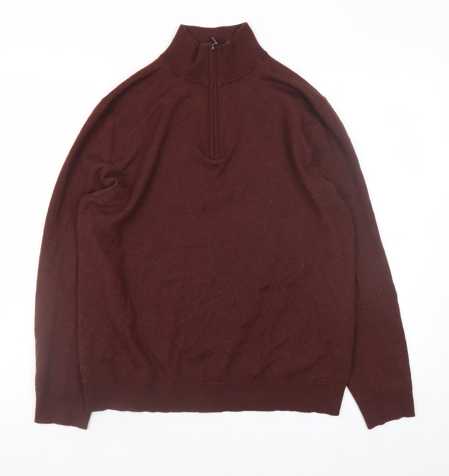 Moss Bros Men’s Brown L 1/2 Zip High Neck Merino Wool Jumper