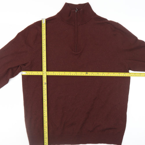 Moss Bros Men’s Brown L 1/2 Zip High Neck Merino Wool Jumper