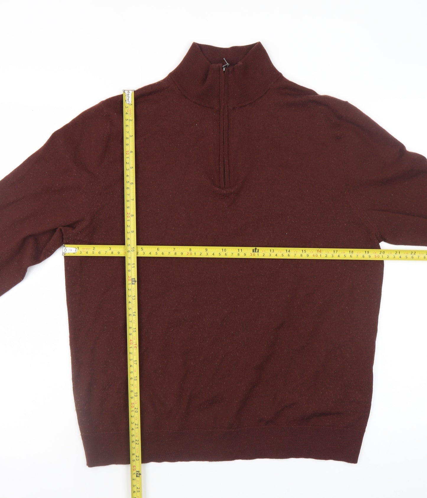 Moss Bros Men’s Brown L 1/2 Zip High Neck Merino Wool Jumper