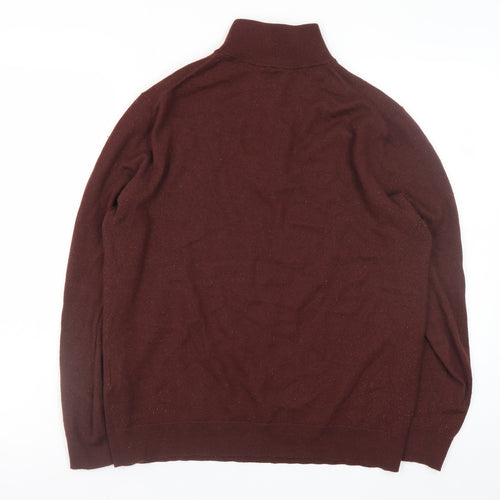 Moss Bros Men’s Brown L 1/2 Zip High Neck Merino Wool Jumper