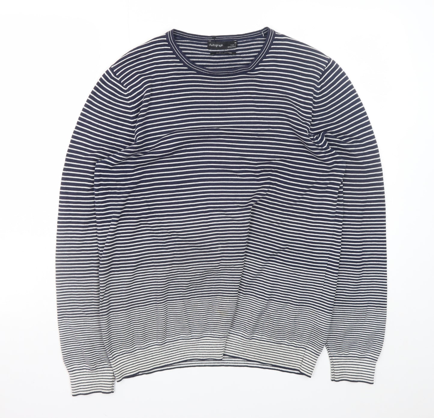 Marks and Spencer Women’s Blue Striped Cotton Crew Neck Jumper L