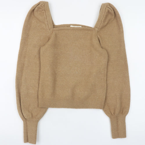 H&M Women Beige Wool Blend Square Neck Puff Sleeve Jumper Size S