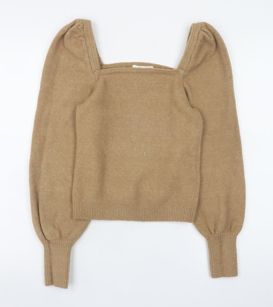 H&M Women Beige Wool Blend Square Neck Puff Sleeve Jumper Size S