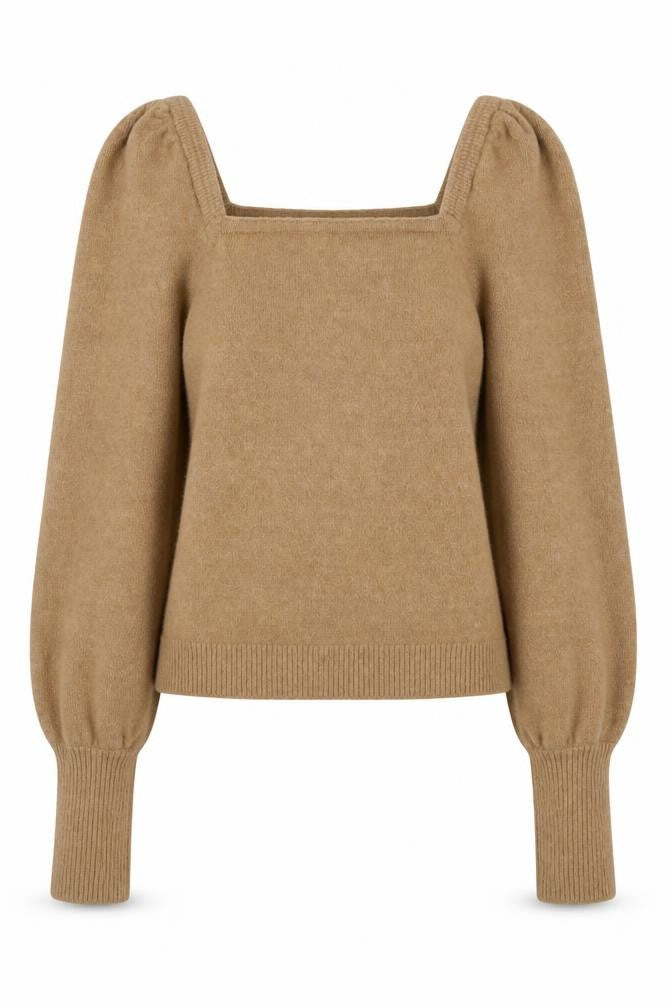 H&M Women Beige Wool Blend Square Neck Puff Sleeve Jumper Size S