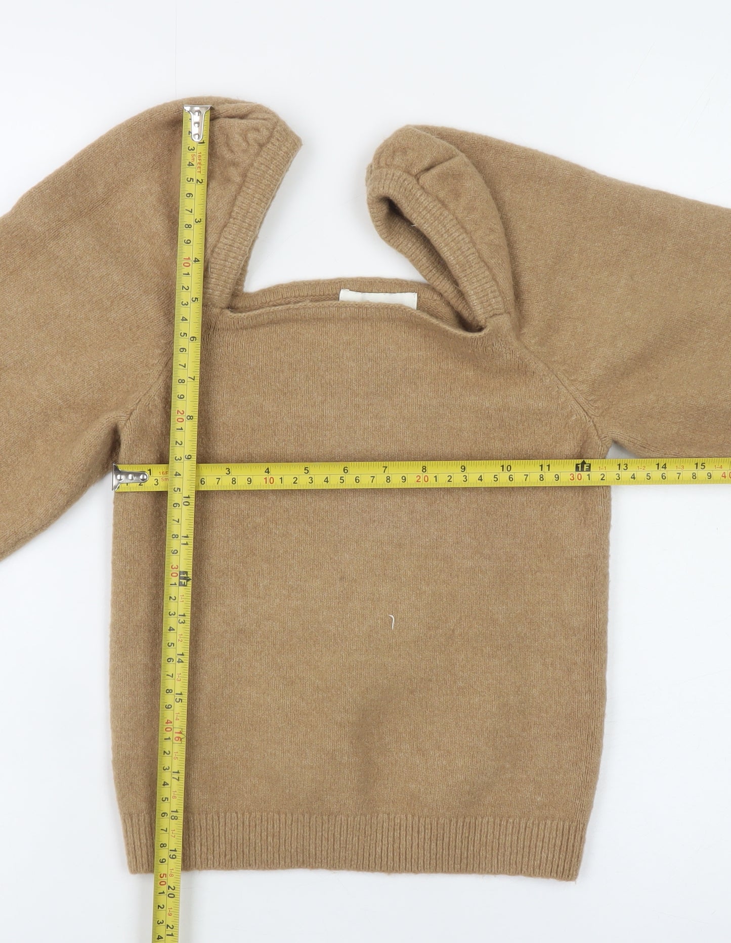 H&M Women Beige Wool Blend Square Neck Puff Sleeve Jumper Size S