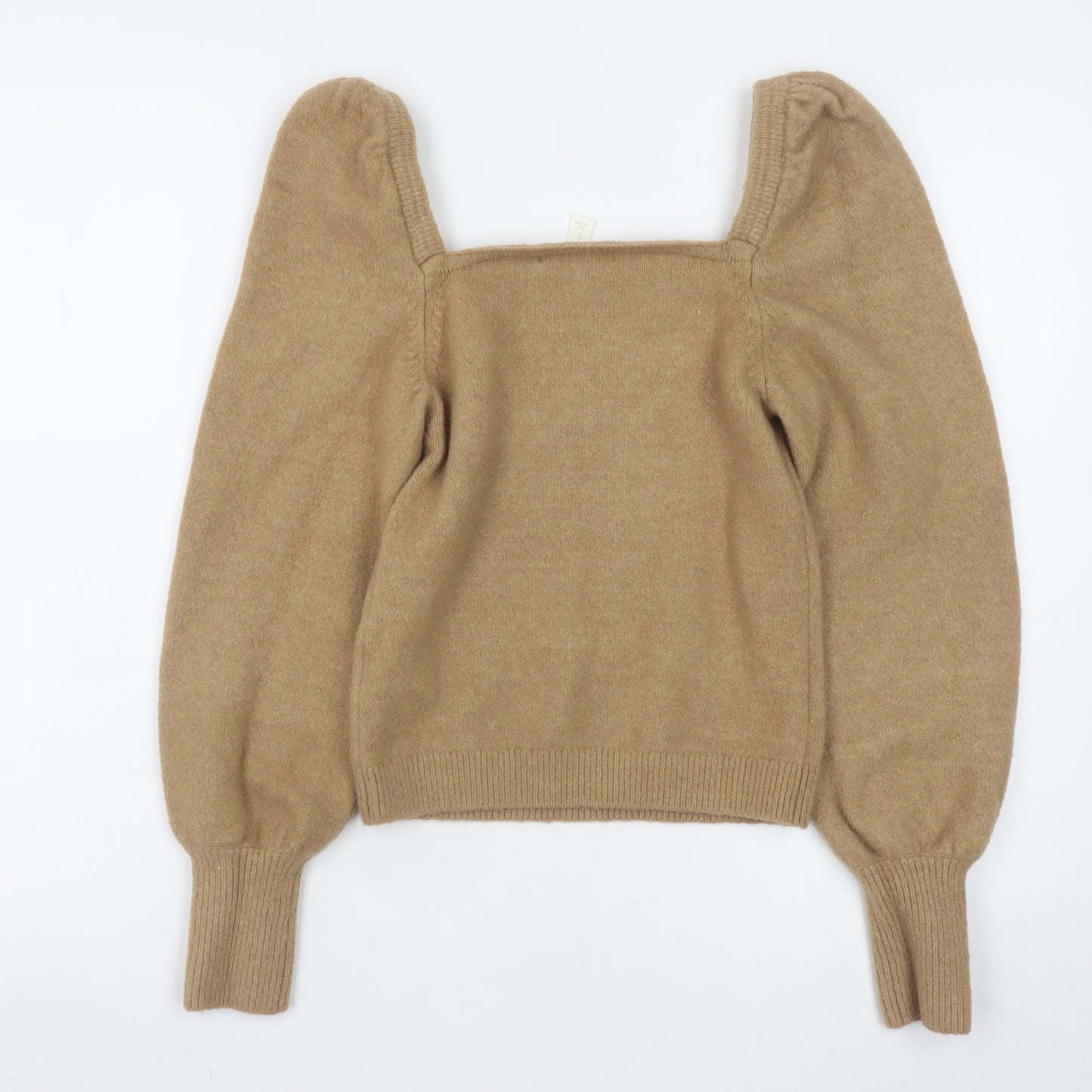 H&M Women Beige Wool Blend Square Neck Puff Sleeve Jumper Size S