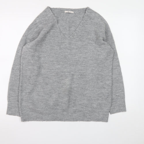 Tu Women Grey V-Neck Rib Knit Pullover Jumper Size 8