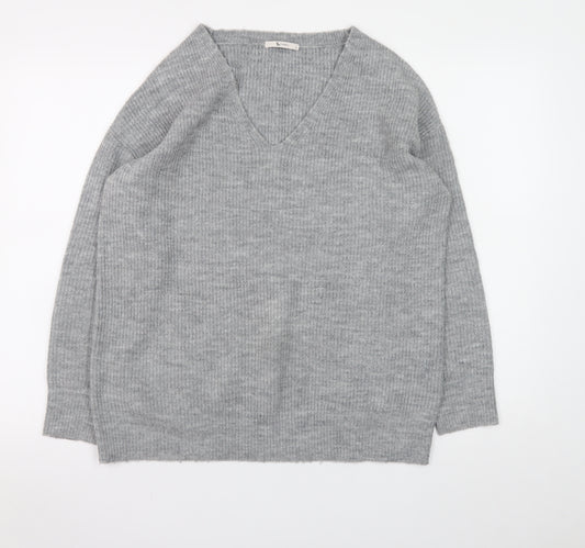 Tu Women Grey V-Neck Rib Knit Pullover Jumper Size 8