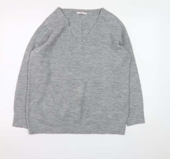 Tu Women Grey V-Neck Rib Knit Pullover Jumper Size 8