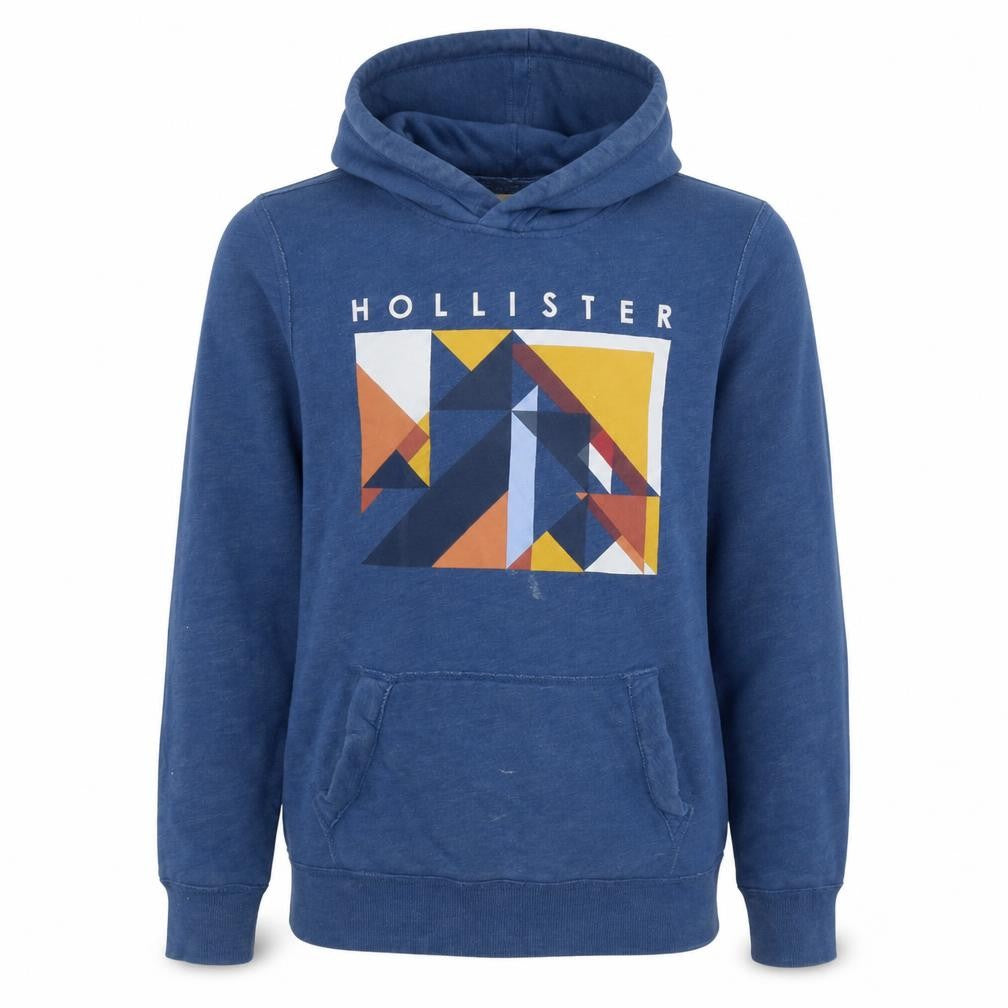 Front view of Hollister Men's Blue Pullover Hoodie S Graphic Print Cotton Blend