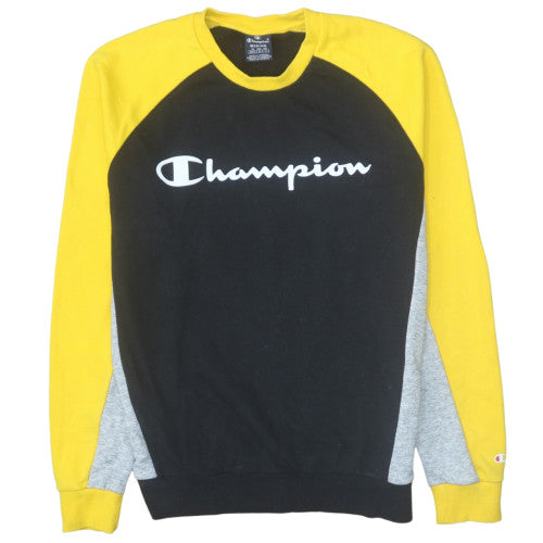 Champion Men's Black Yellow Colourblock Crew Neck Sweatshirt Medium