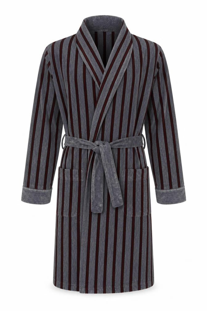 Front view of Marks & Spencer Men's Grey Striped Belted Robe Medium Acrylic Blend