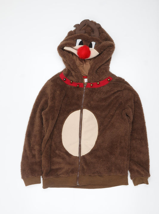 Want That Trend Women Brown Reindeer Zip Hoodie Size 12 Christmas Novelty