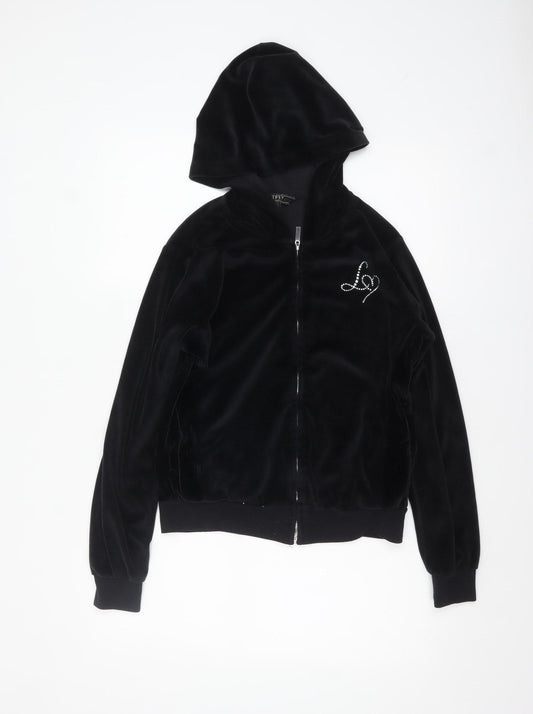 Lipsy Women Black Velour Full Zip Hoodie UK 14 Rhinestone Logo
