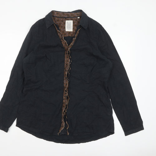 OPUS Women's Black Cotton Ruffle Trim Long Sleeve Blouse Size 16