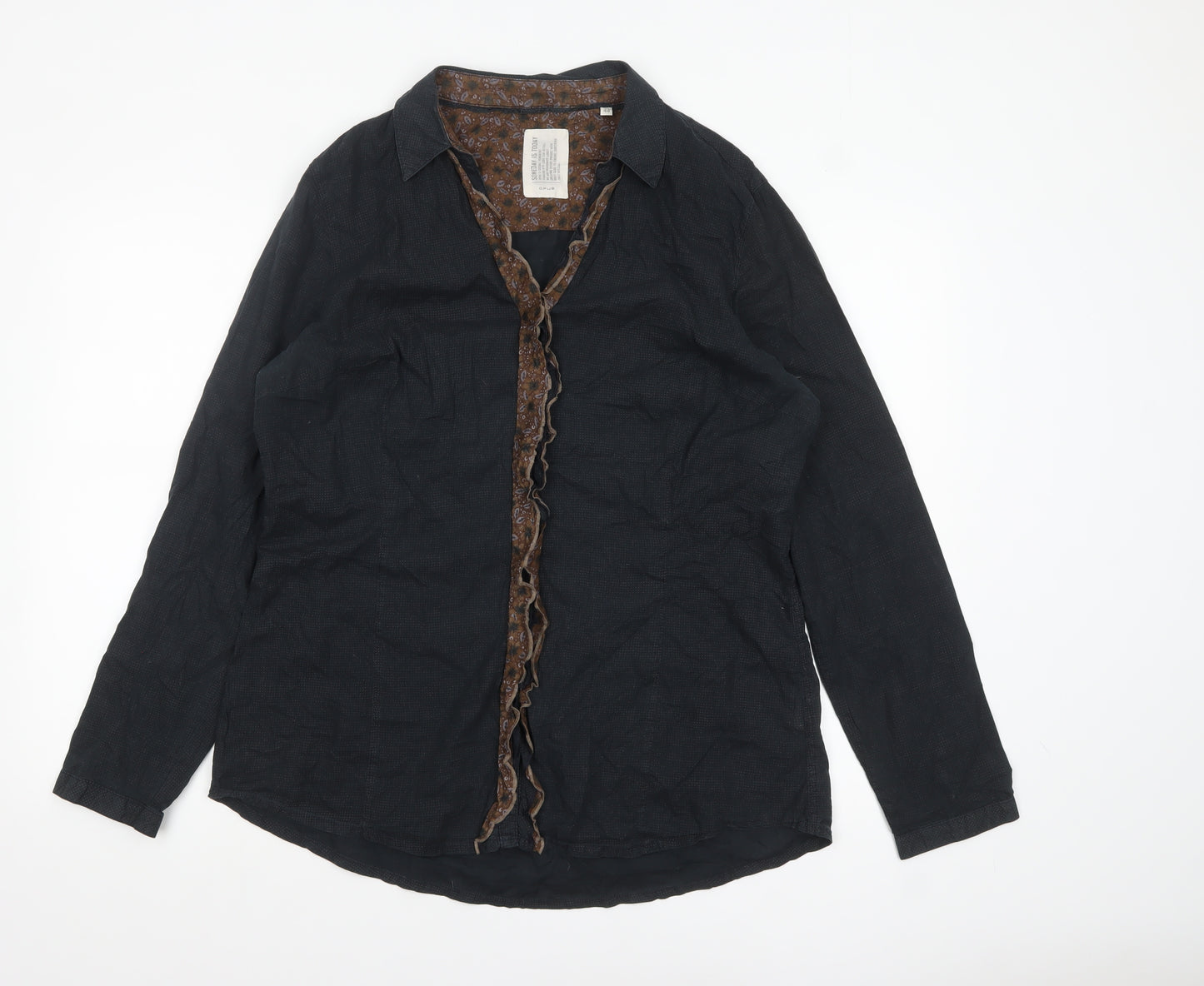 OPUS Women's Black Cotton Ruffle Trim Long Sleeve Blouse Size 16