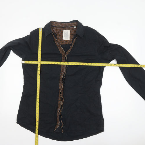 OPUS Women's Black Cotton Ruffle Trim Long Sleeve Blouse Size 16