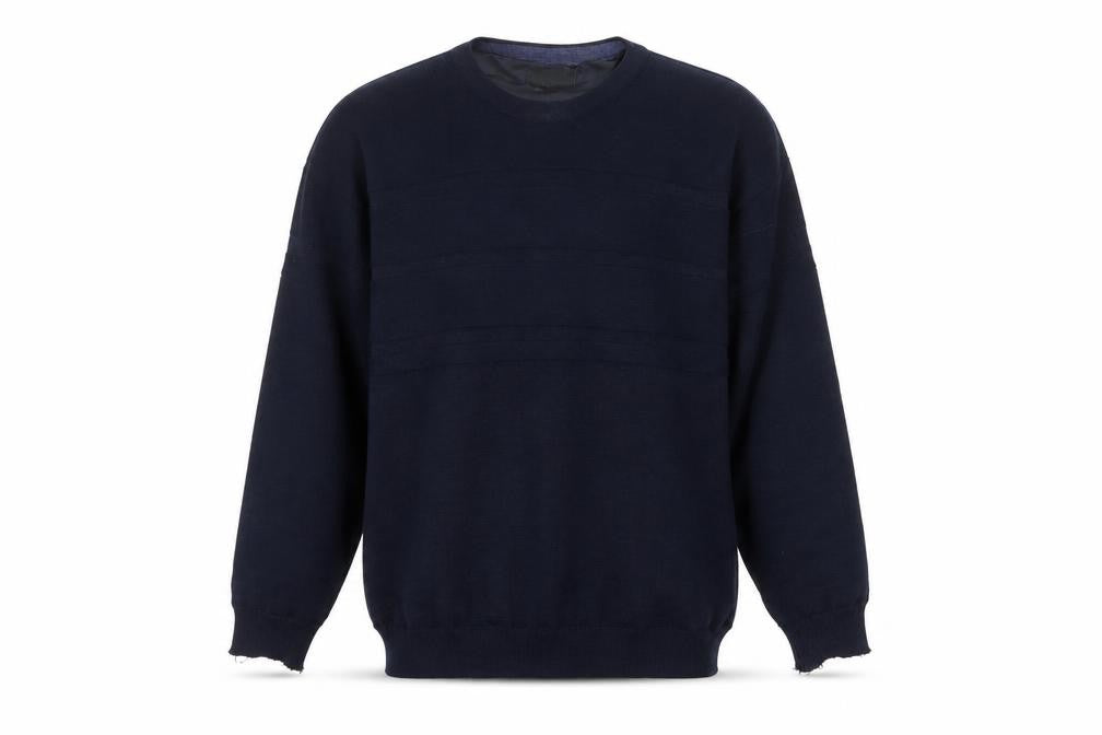 Front view of Oakmont Men's Blue Wool Blend Crew Neck jumper, size M