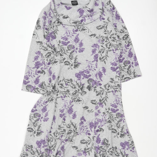 TIGI Women’s Grey Floral A-Line Knit Cowl Neck Dress Size 14-16