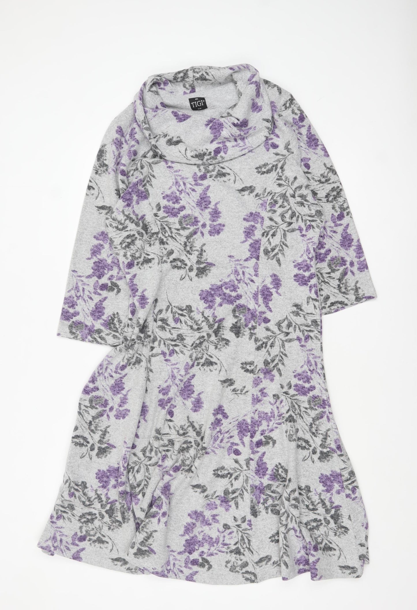 TIGI Women’s Grey Floral A-Line Knit Cowl Neck Dress Size 14-16