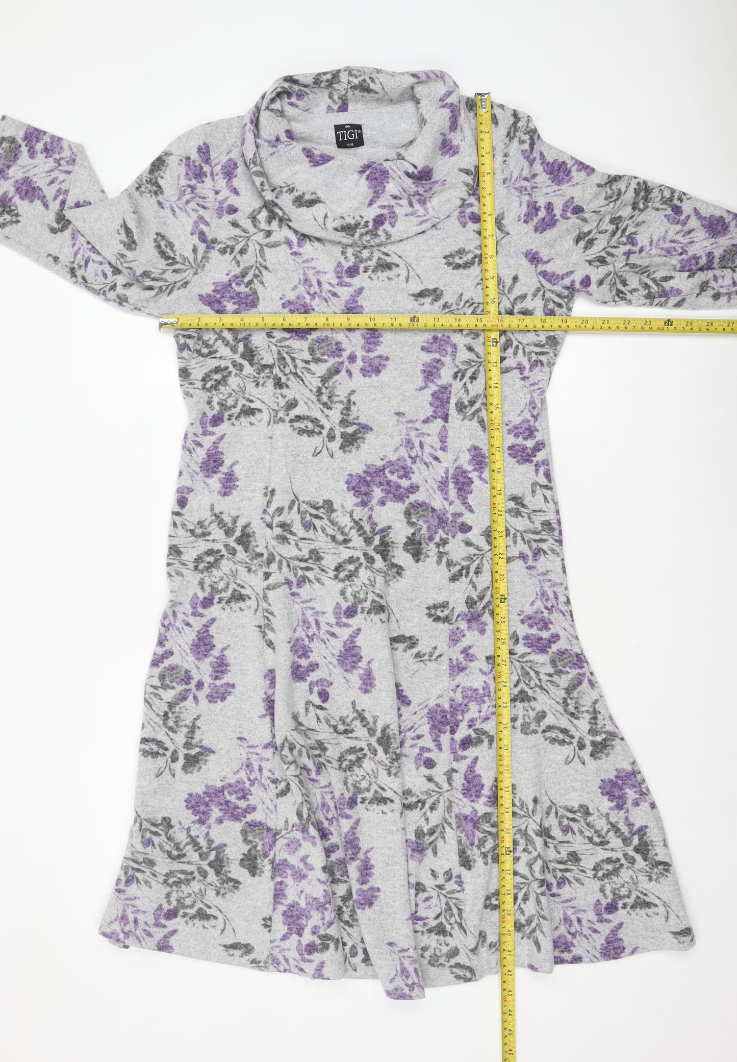 TIGI Women’s Grey Floral A-Line Knit Cowl Neck Dress Size 14-16
