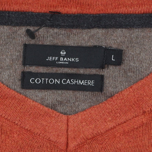 Jeff Banks Men's Orange Cotton Cashmere V-Neck Jumper L