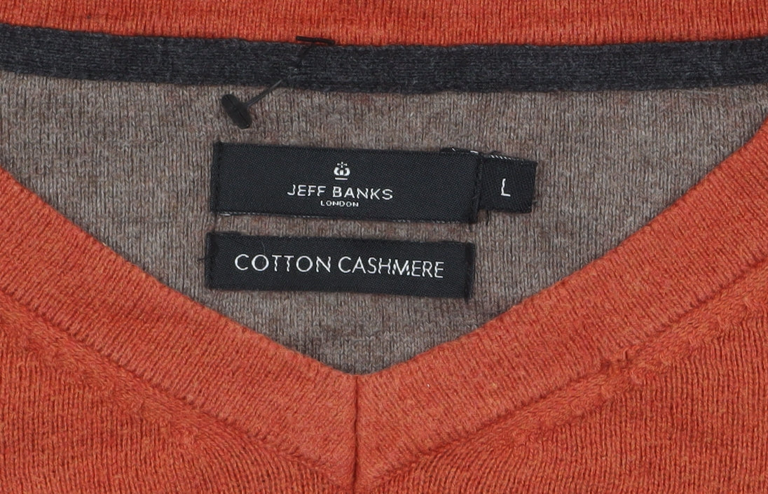 Jeff Banks Men's Orange Cotton Cashmere V-Neck Jumper L