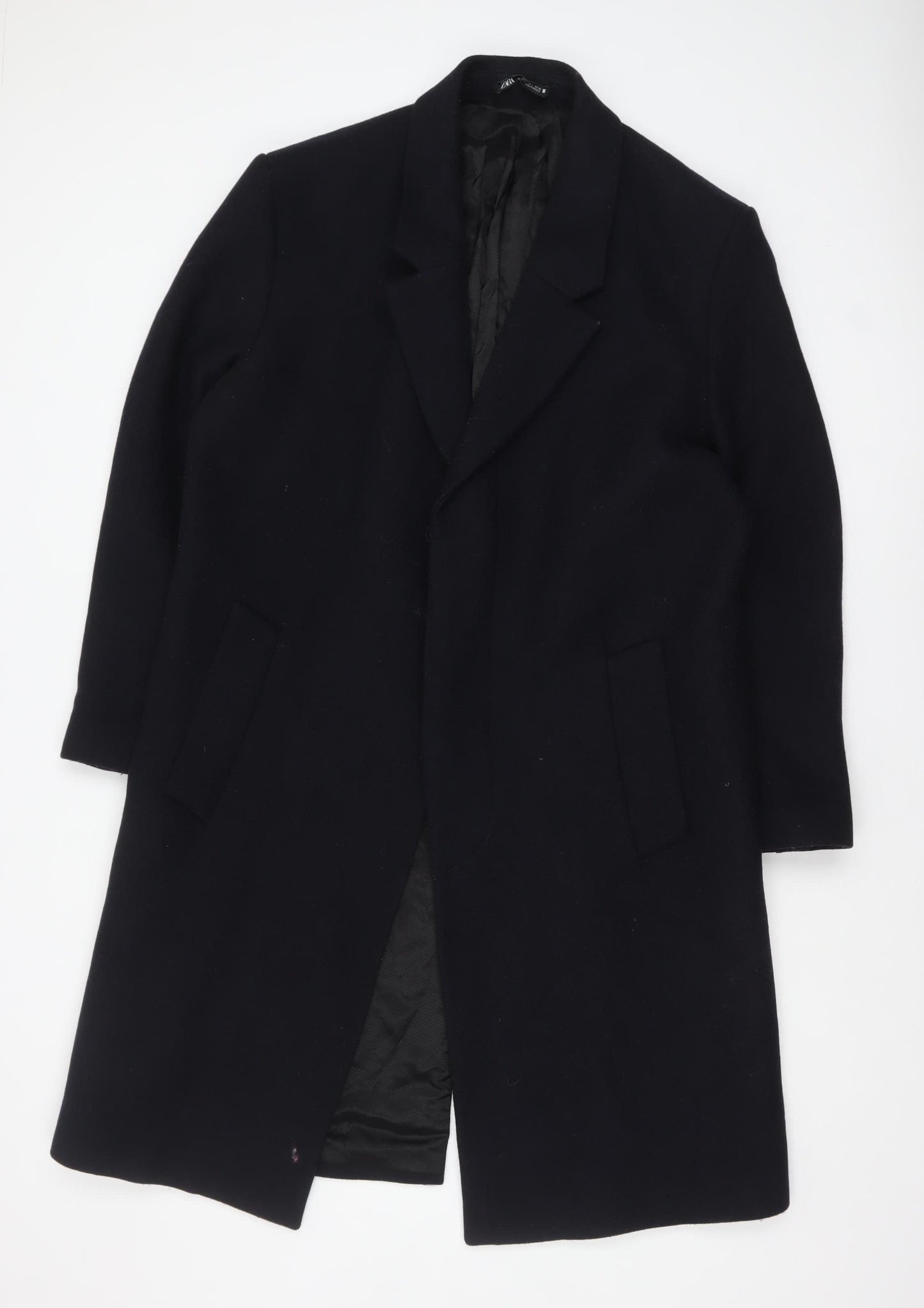 Zara Men Black Wool Blend Long Overcoat L Regular Fit
