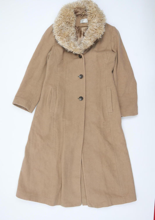 Precis Petite Women’s Beige Wool Cashmere Long Fur Collar Coat Size 10