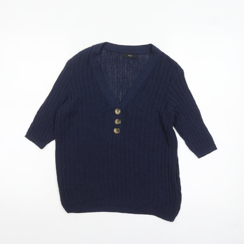M&Co Women’s Blue Knit V-Neck Button 3/4 Sleeve Blouse Size 14