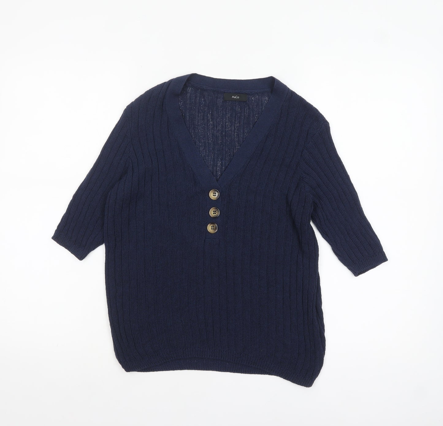 M&Co Women’s Blue Knit V-Neck Button 3/4 Sleeve Blouse Size 14