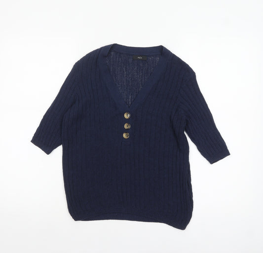M&Co Women’s Blue Knit V-Neck Button 3/4 Sleeve Blouse Size 14