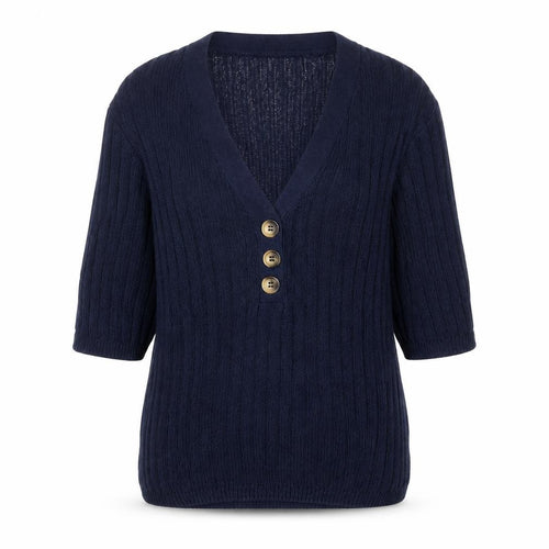 M&Co Women’s Blue Knit V-Neck Button 3/4 Sleeve Blouse Size 14