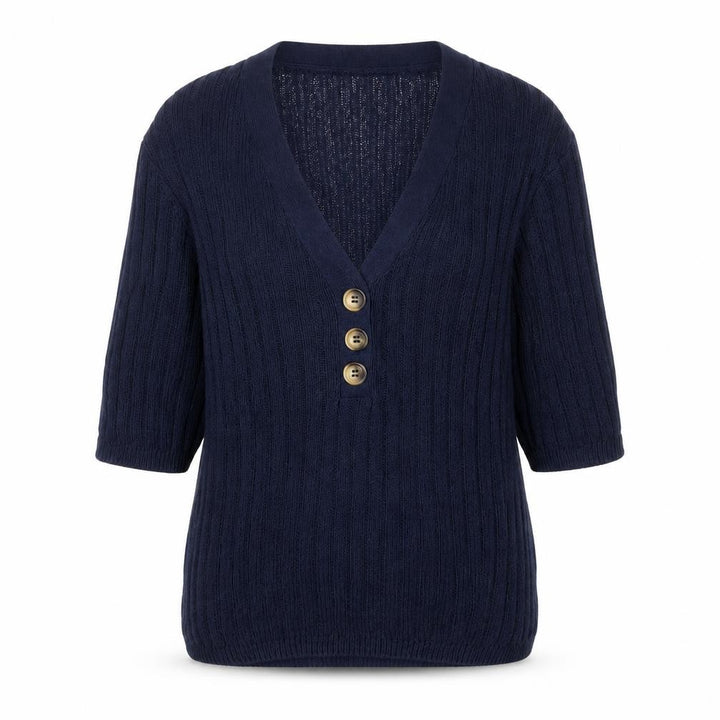 M&Co Women’s Blue Knit V-Neck Button 3/4 Sleeve Blouse Size 14