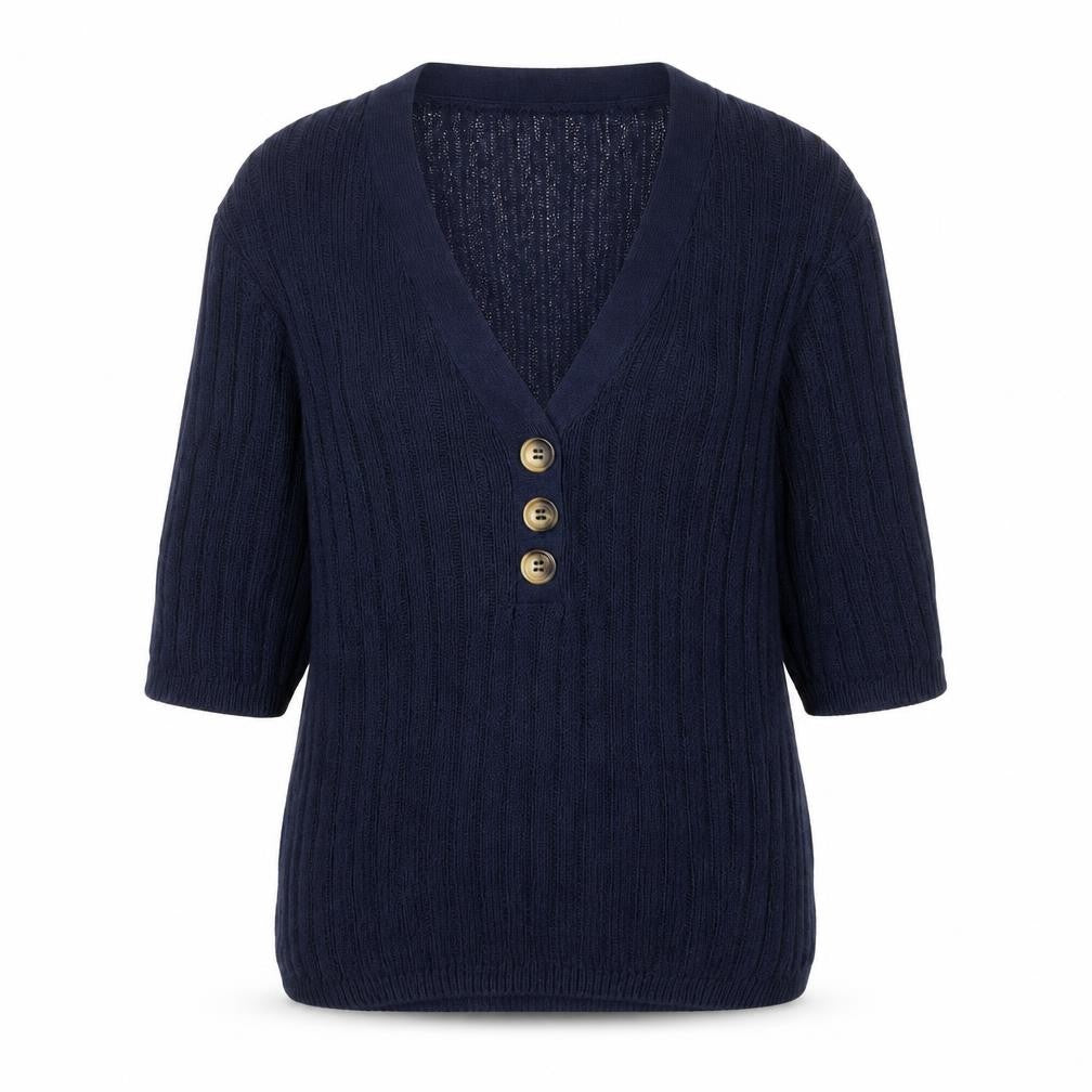 M&Co Women’s Blue Knit V-Neck Button 3/4 Sleeve Blouse Size 14