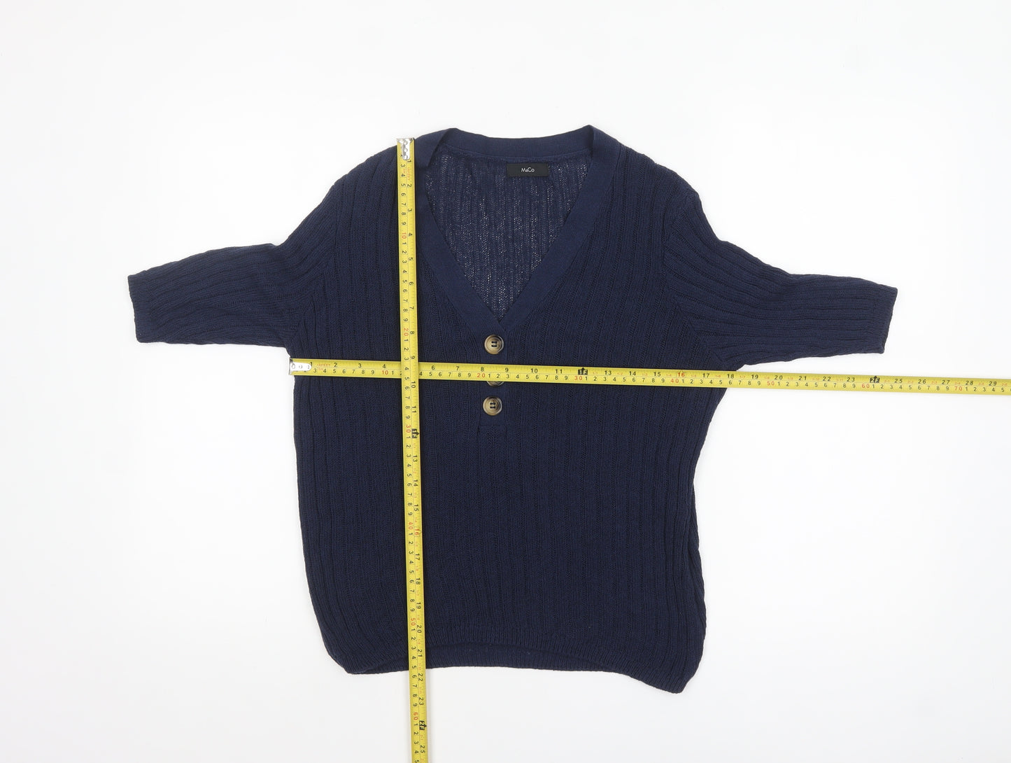 M&Co Women’s Blue Knit V-Neck Button 3/4 Sleeve Blouse Size 14