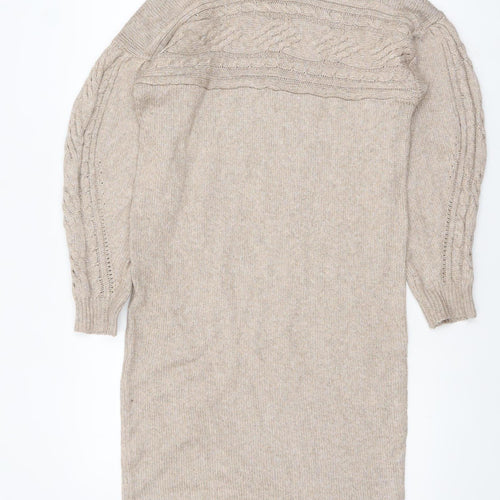 Rachel Zoe Women Beige Roll Neck Cable Knit Long Sleeve Tunic Jumper S