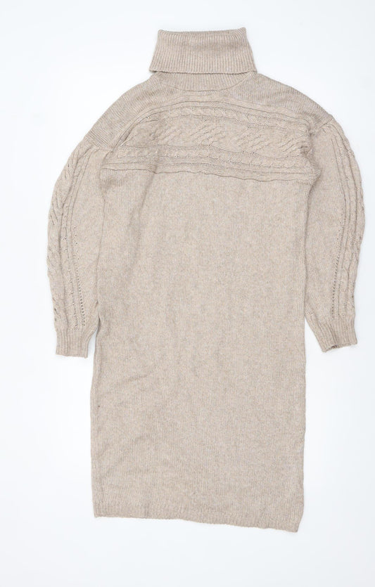 Rachel Zoe Women Beige Roll Neck Cable Knit Long Sleeve Tunic Jumper S