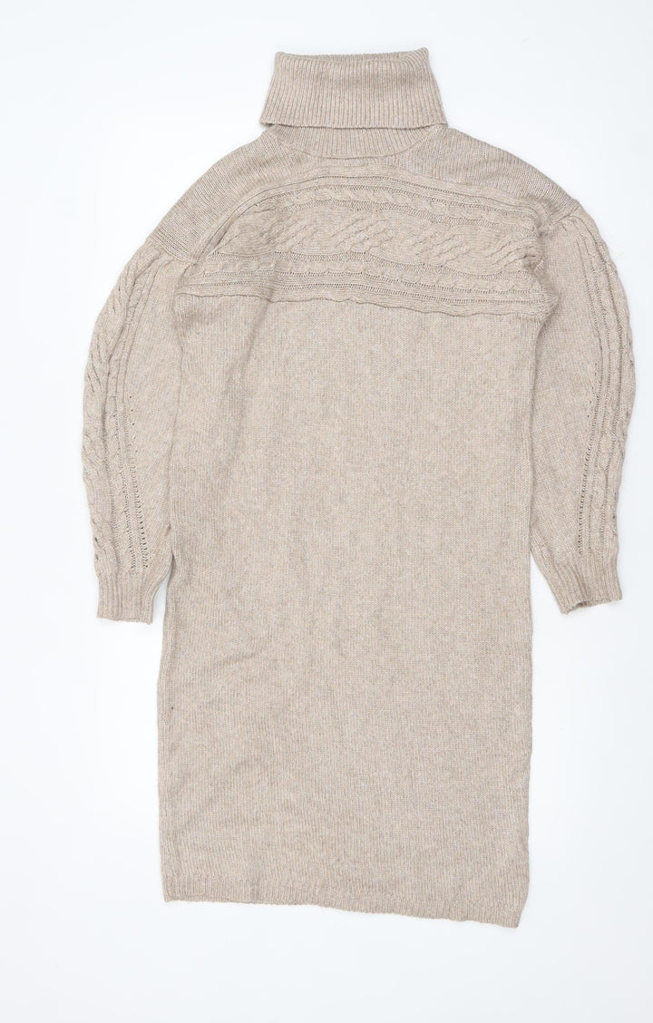 Rachel Zoe Women Beige Roll Neck Cable Knit Long Sleeve Tunic Jumper S