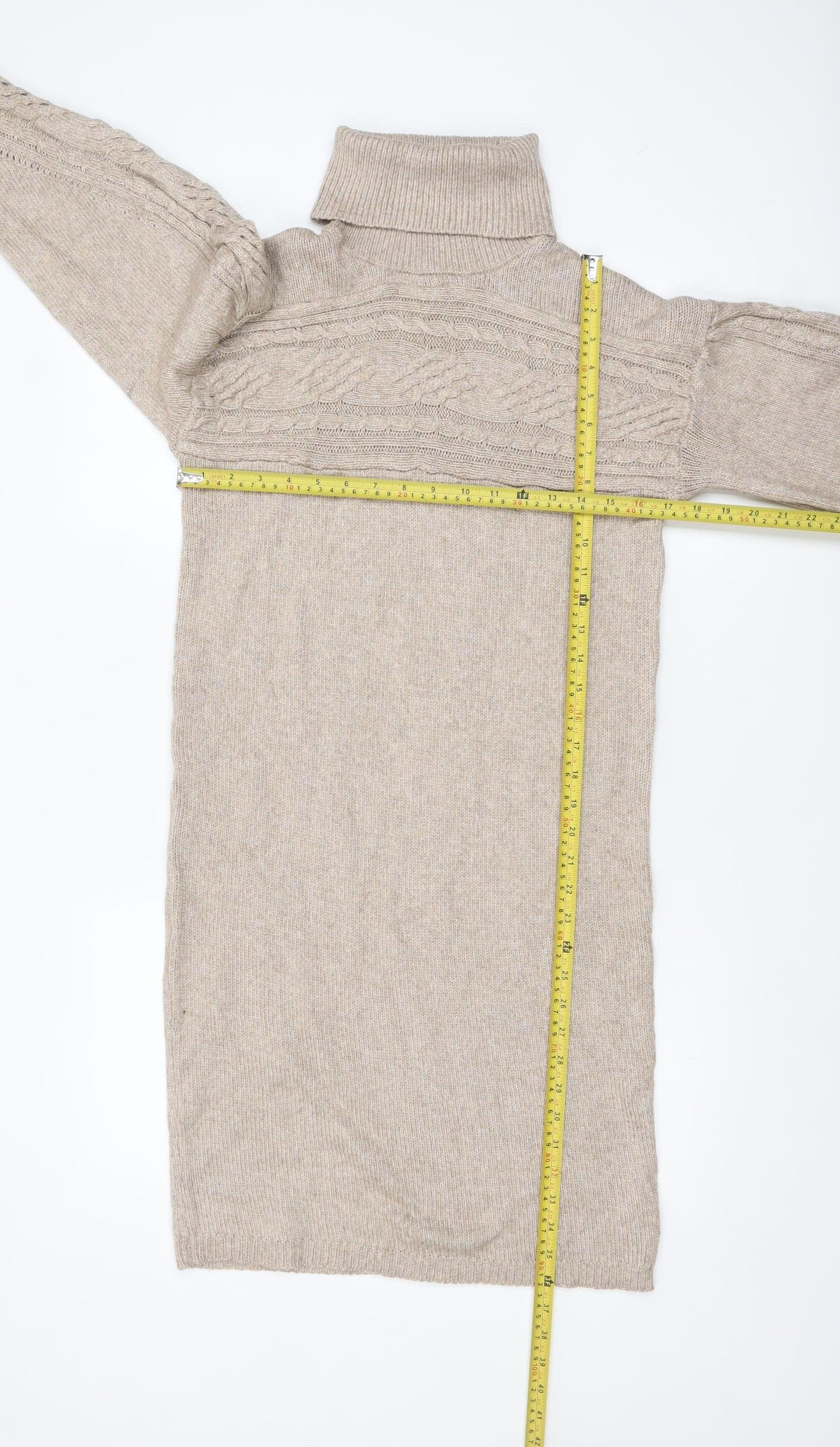 Rachel Zoe Women Beige Roll Neck Cable Knit Long Sleeve Tunic Jumper S