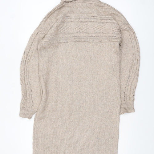 Rachel Zoe Women Beige Roll Neck Cable Knit Long Sleeve Tunic Jumper S