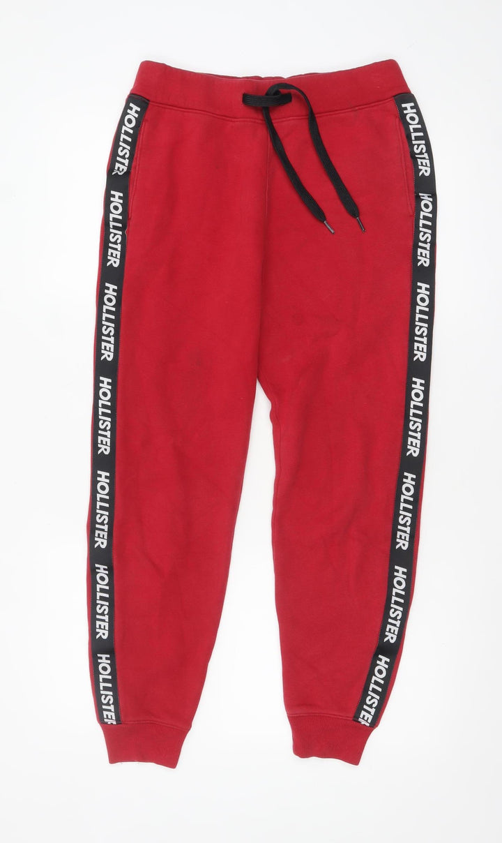 Hollister Men’s Red Jogger Trousers XS Fleece Logo Drawstring