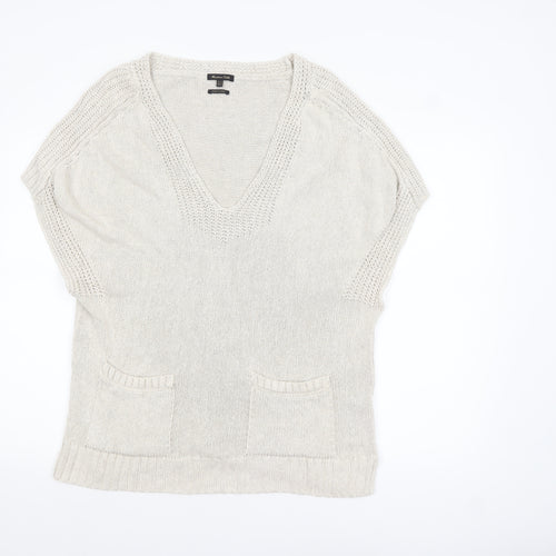 Massimo Dutti Women Beige V-Neck Cotton Blend Knit Jumper Size 12