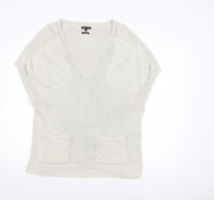 Massimo Dutti Women Beige V-Neck Cotton Blend Knit Jumper Size 12