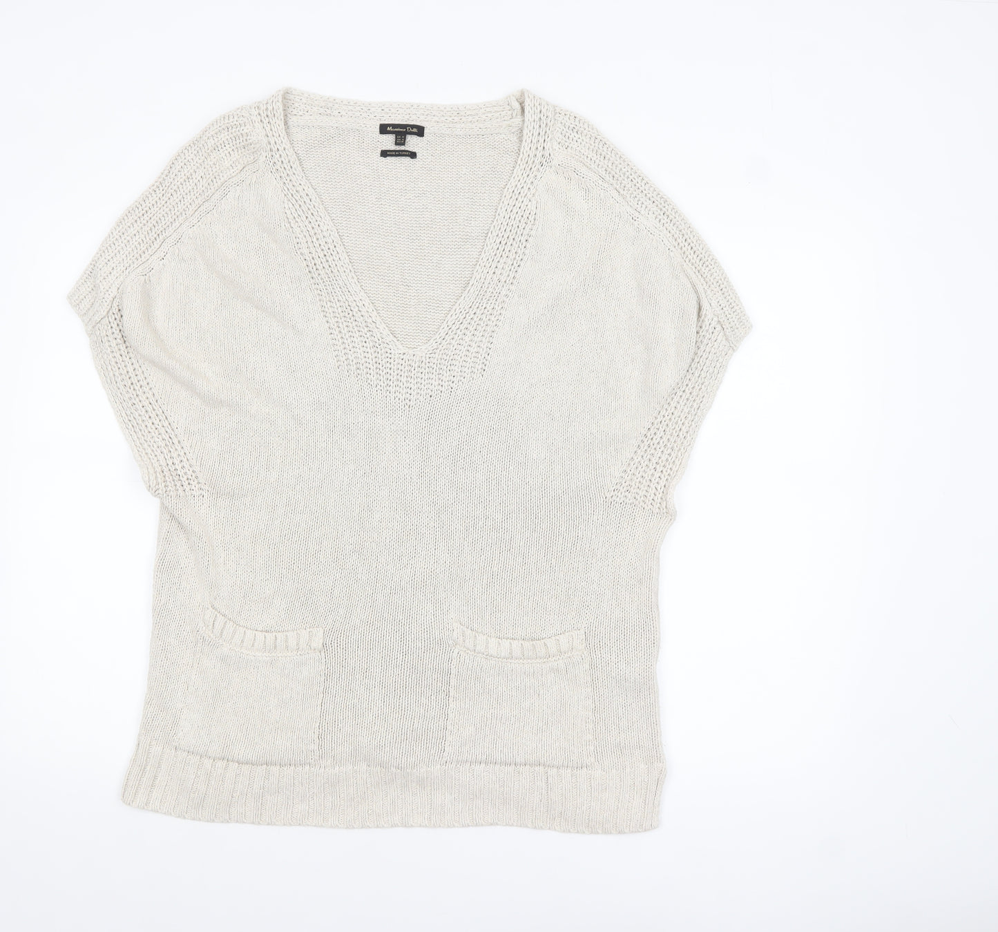 Massimo Dutti Women Beige V-Neck Cotton Blend Knit Jumper Size 12