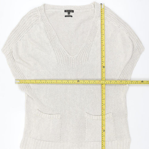 Massimo Dutti Women Beige V-Neck Cotton Blend Knit Jumper Size 12