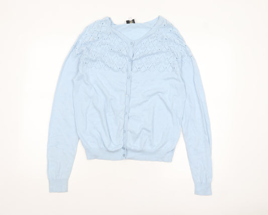 Noa Noa Women's Blue Cotton V-Neck Cardigan L Lightweight Knit